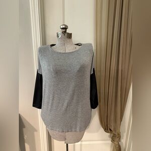 Forever 21 Gray Knit Jersey top with black faux leather drop shoulder sleeve